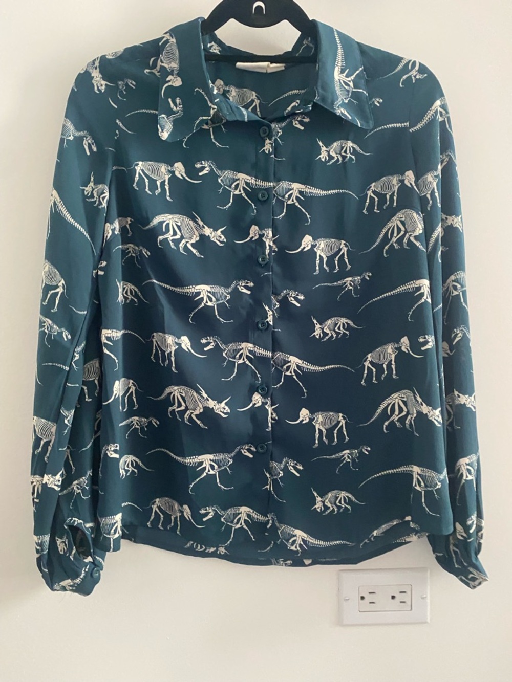 Joanie Dinosaur Skeleton Print Blouse Green Button Front Top UK 8 US 4 - Picture 2 of 12